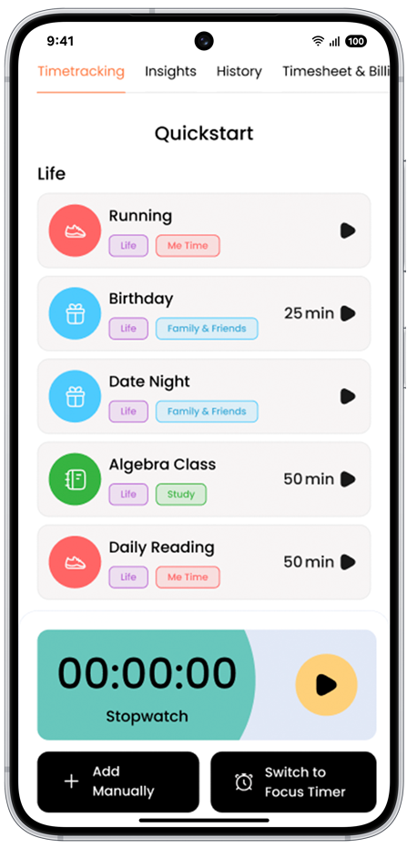 HustleNest time tracking screen
